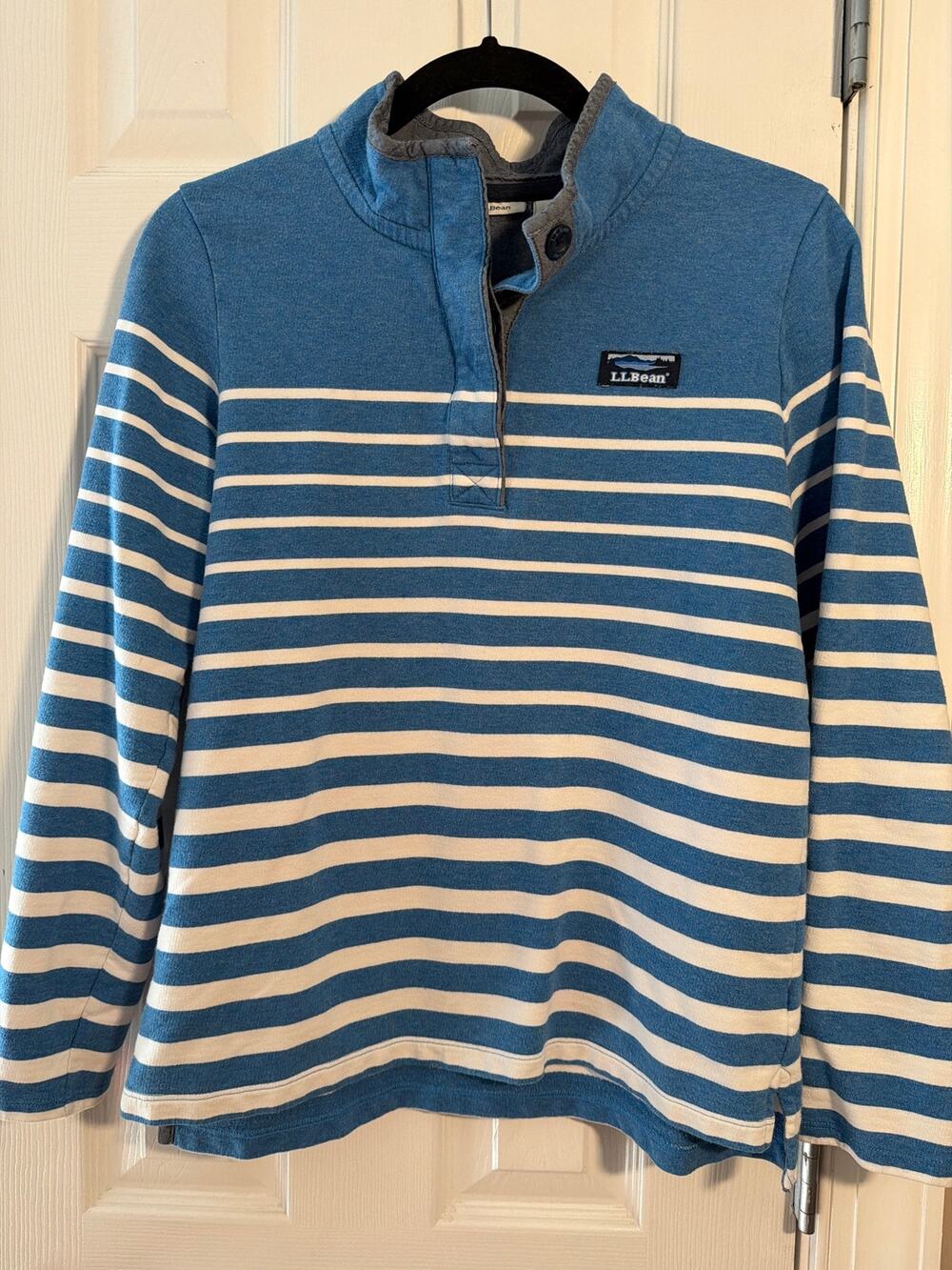 LL Bean Reg blue white striped button mock neck pullover sweatshirt Size S